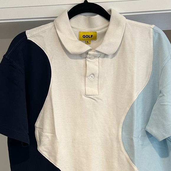 Men's GOLF WANG Navy/Sky Blue/White Ripple Knit Polo Shirt - Size XL - Picture 4 of 13